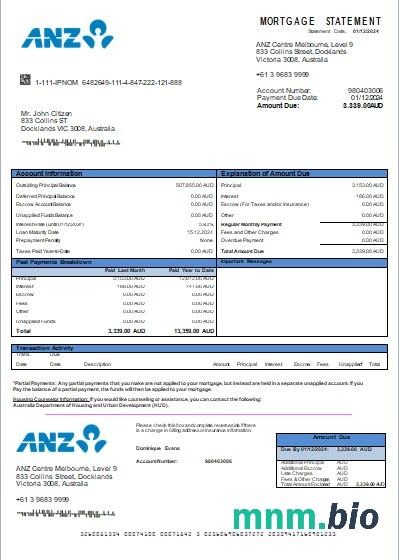 Australia Bank ANZ wyciąg z kredytu hipotecznego szablon Word i PDF